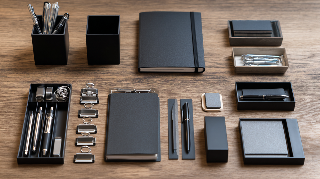 A neatly organized modern office desk flatlay featuring black notebooks, pens, trays, clips, and desk organizers arranged in a minimalist grid on a wooden surface, professional and stylish workspace aesthetic --ar 16:9