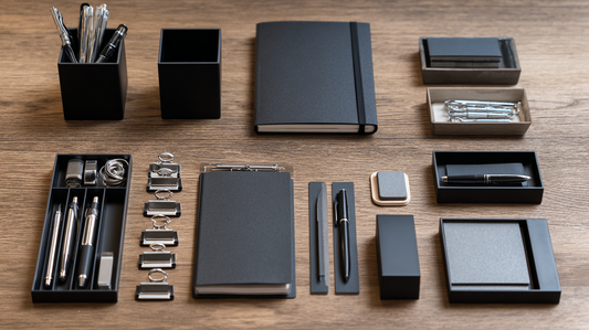 A neatly organized modern office desk flatlay featuring black notebooks, pens, trays, clips, and desk organizers arranged in a minimalist grid on a wooden surface, professional and stylish workspace aesthetic --ar 16:9
