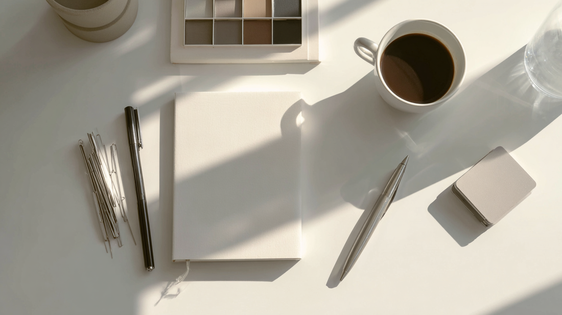 A bright minimalist office desk with a notebook, silver pens, a cup of black coffee, and small stationery items placed neatly, sunlight casting soft shadows across the workspace, symbolizing focus and productivity in Fall 2025 --ar 16:9