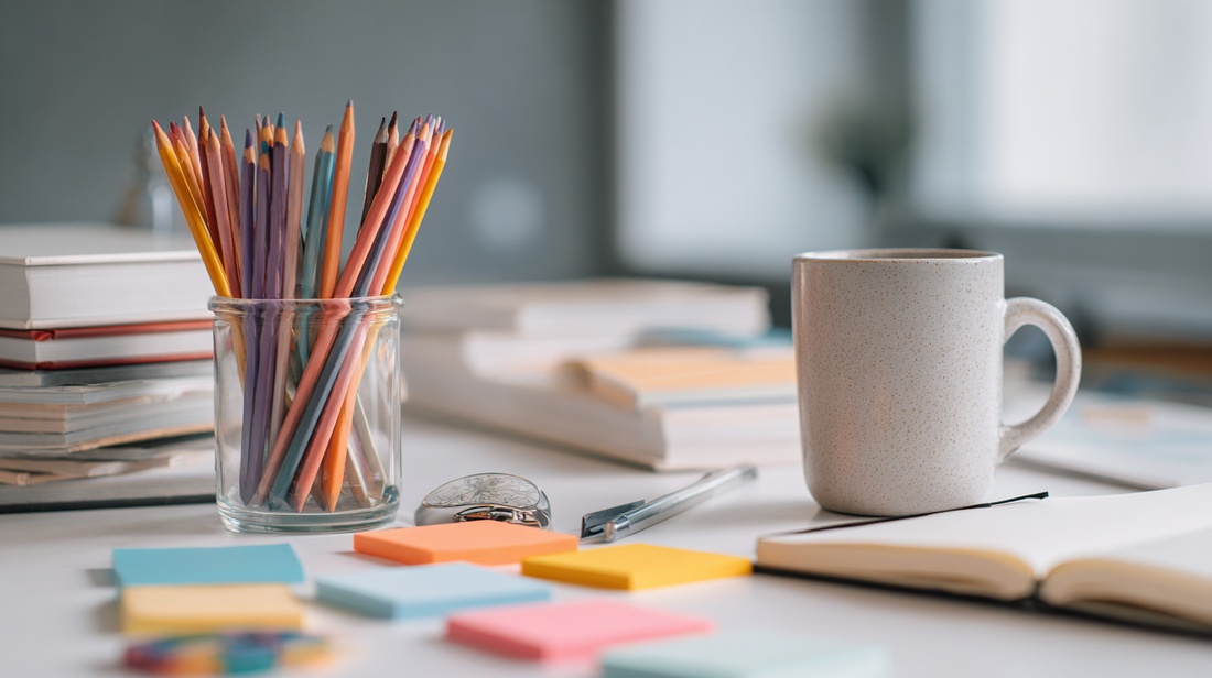 A creative office desk setup featuring a glass cup filled with colorful pencils, open notebooks, sticky notes in bright colors, and a ceramic mug, symbolizing creativity, organization, and productivity for Fall 2025 --ar 16:9