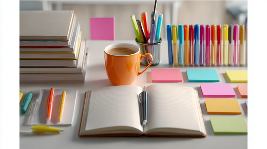 A bright office desk setup with colorful highlighters and pens organized in a holder, sticky notes spread across the desk, an open notebook with a pen, and an orange coffee mug, symbolizing focus and creativity for Fall 2025 --ar 16:9