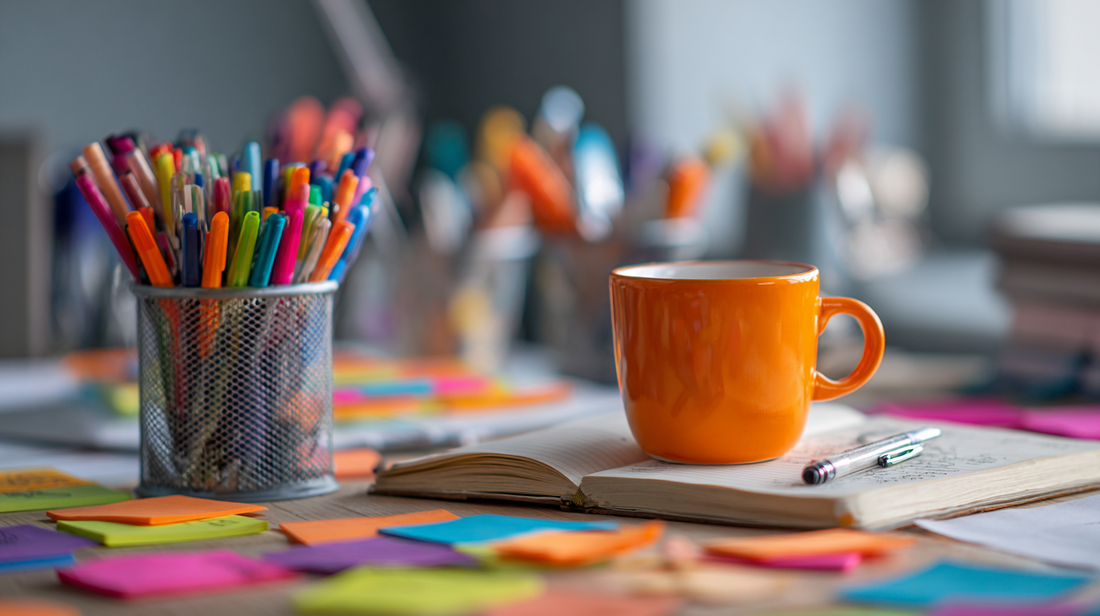 A vibrant office desk with colorful pens in metal holders, an orange coffee mug, an open notebook, and scattered sticky notes, symbolizing creativity and productivity in Fall 2025