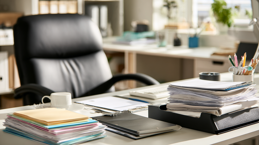 A modern office desk with stacks of colorful folders and organized paperwork, a black leather office chair, notebooks, and desk accessories in natural daylight.