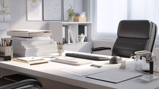 Modern office desk with stacked documents, black leather chair, keyboard, and neatly arranged stationery in bright natural light.