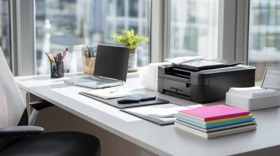 Bright modern office desk with a laptop, printer, colorful notebooks, and organized stationery by a large window with natural light.