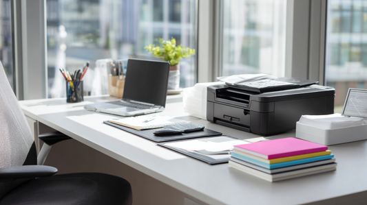 Bright modern office desk with a laptop, printer, colorful notebooks, and organized stationery by a large window with natural light.