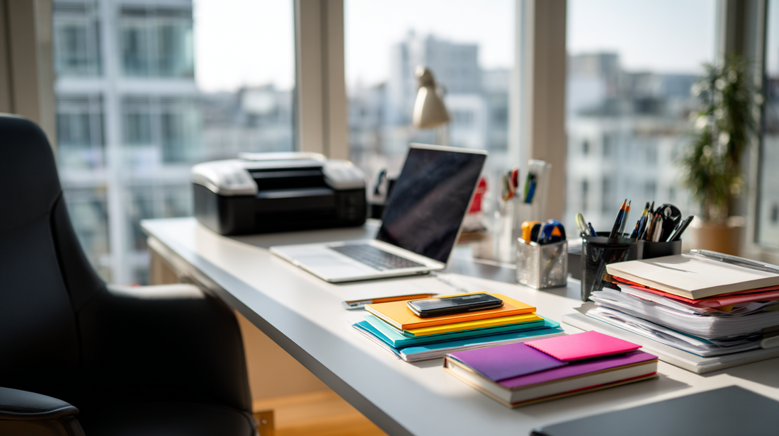 Organized modern office workspace with laptop, printer, colorful notebooks, and office supplies on a bright desk near large windows.