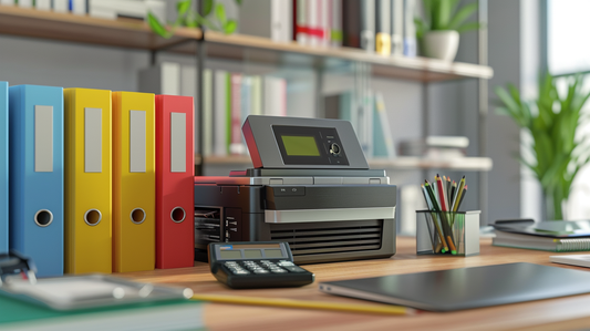 Fall 2025 office desk with a compact printer, calculator, and colorful binders neatly arranged for filing and organization