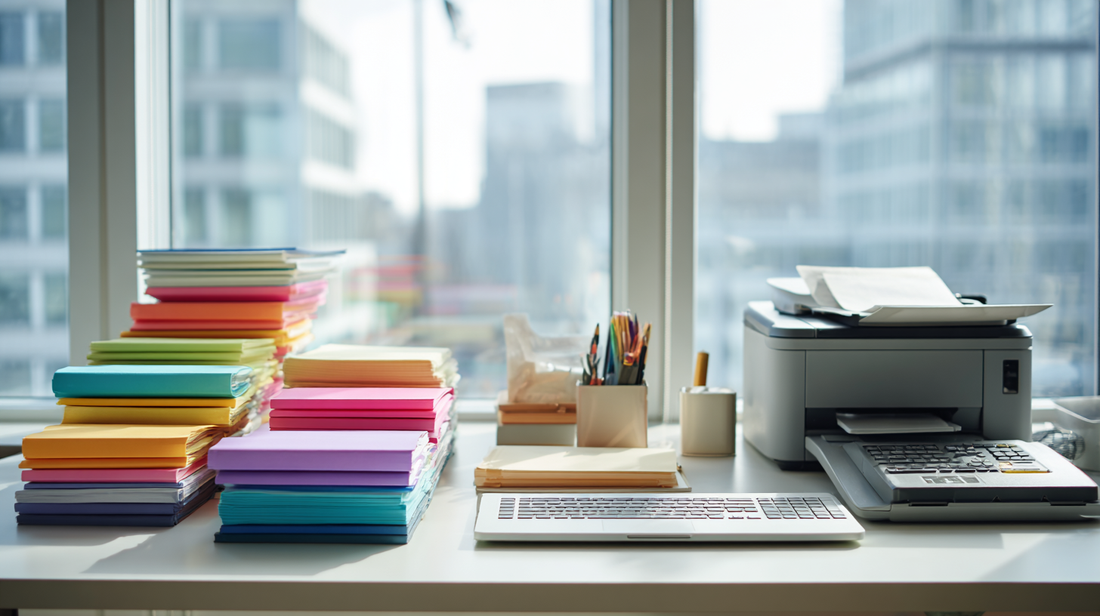 Organized modern office desk with colorful notebooks, printer, calculator, and office supplies in natural daylight near large windows.