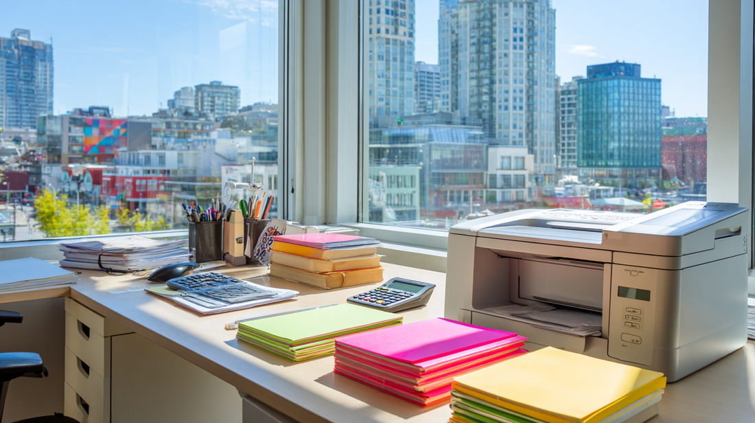Organized office workspace with printer, colorful paper stacks, calculator, and stationery supplies on a bright desk by large city windows.