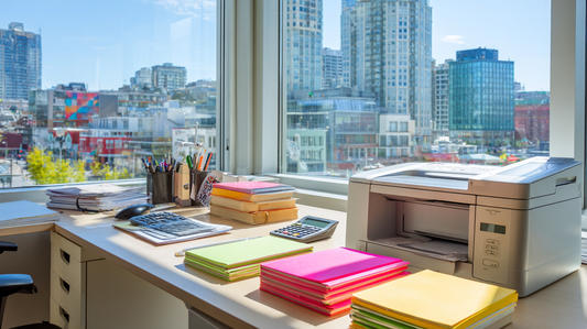 Organized office workspace with printer, colorful paper stacks, calculator, and stationery supplies on a bright desk by large city windows.