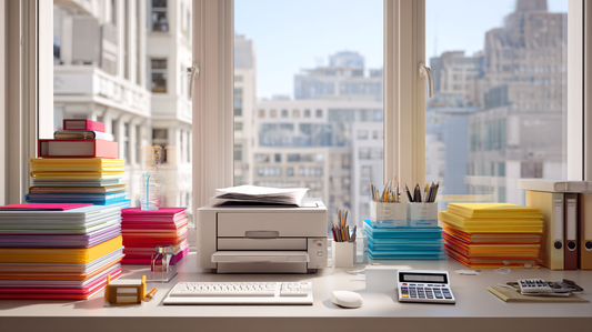 Organized office workspace with printer, colorful paper stacks, calculator, keyboard, and office supplies on a bright desk by city view windows.