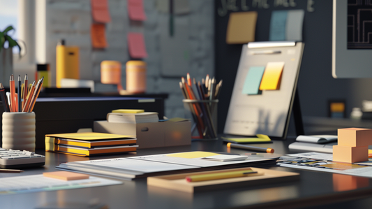 Fall 2025 desk with an open planner, stacked notebooks, sticky notes, and pencils organized for productivity
