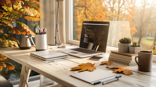 Image Description: A cozy autumn office desk with notebooks, a coffee mug, and warm sunlight, creating a comfortable and productive fall workspace.