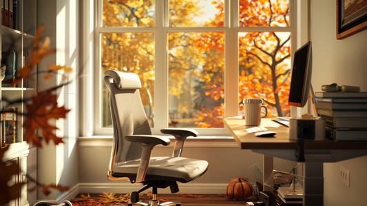 Fall 2025 ergonomic office chair and wooden desk with coffee mug and books by a window overlooking autumn trees