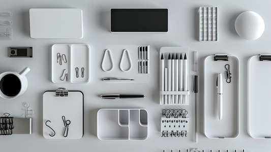 Fall 2025 minimalist desk with pens, trays, paper clips, and binders organized in a clean monochrome style