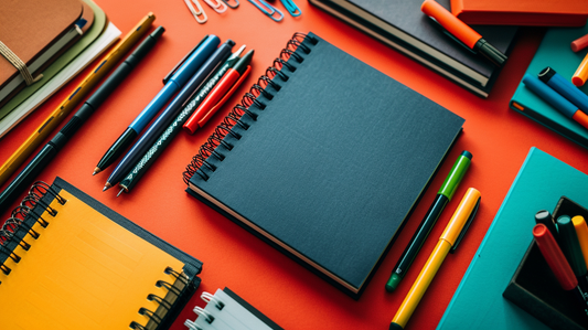 Fall 2025 office desk with colorful notebooks, spiral pads, pens, and markers arranged for creativity and productivity