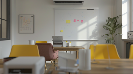 Modern meeting room with a whiteboard covered in sticky notes, a compact printer on the desk, and chairs arranged around a table, showcasing essential office tools for collaboration and productivity in Fall 2025.