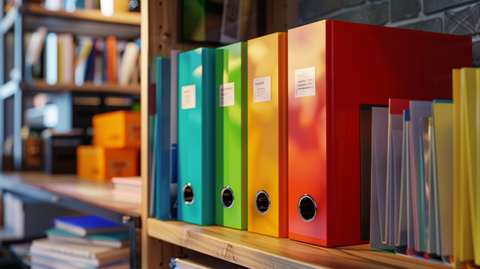 Fall 2025 office shelf with colorful binders, folders, and organized paper files for storage and mailing tasks
