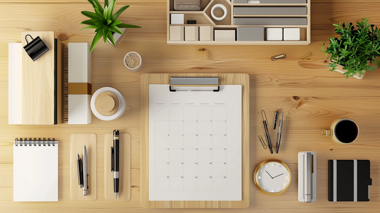 Fall 2025 organized desk with a planner, pens, desk accessories, plants, and coffee for productivity