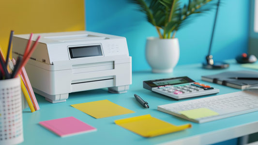 Fall 2025 office desk with a printer, calculator, sticky notes, and notepads arranged for balanced workflows