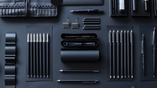 Fall 2025 modern desk setup with neatly arranged pens, pen cases, and desk accessories in a minimalist black style