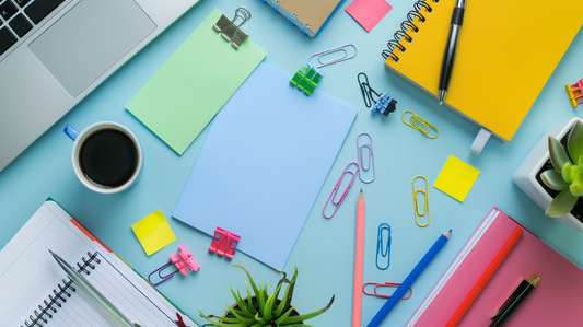 Fall 2025 creative desk with notebooks, pads, colorful paper clips, and sticky notes arranged for organization