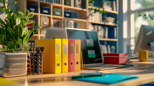 Fall 2025 office desk with colorful binders, planners, and desk organizers neatly arranged for structured workflows