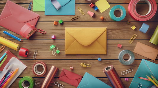 Fall 2025 desk with colorful mailing envelopes, packaging tape, and paper clips arranged for secure office deliveries