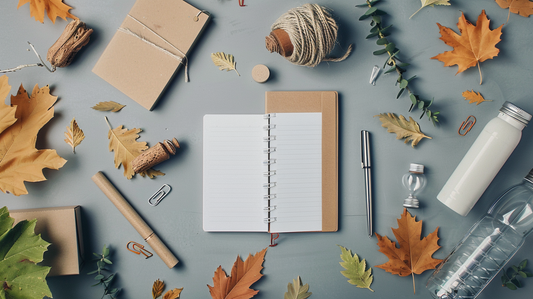 Fall 2025 sustainable flatlay desk setup with recycled notebook, refillable pen, rope twine, reusable water bottle, and autumn leaves