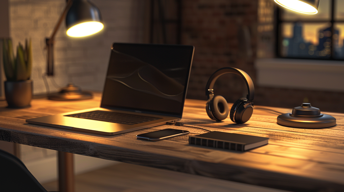 Fall 2025 modern office desk with laptop, headphones, smartphone, notebook, and warm LED lamp lighting