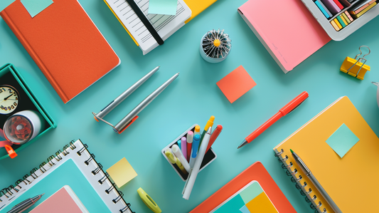 Fall 2025 colorful office desk flatlay with sticky notes, notebooks, pens, and organized stationery supplies