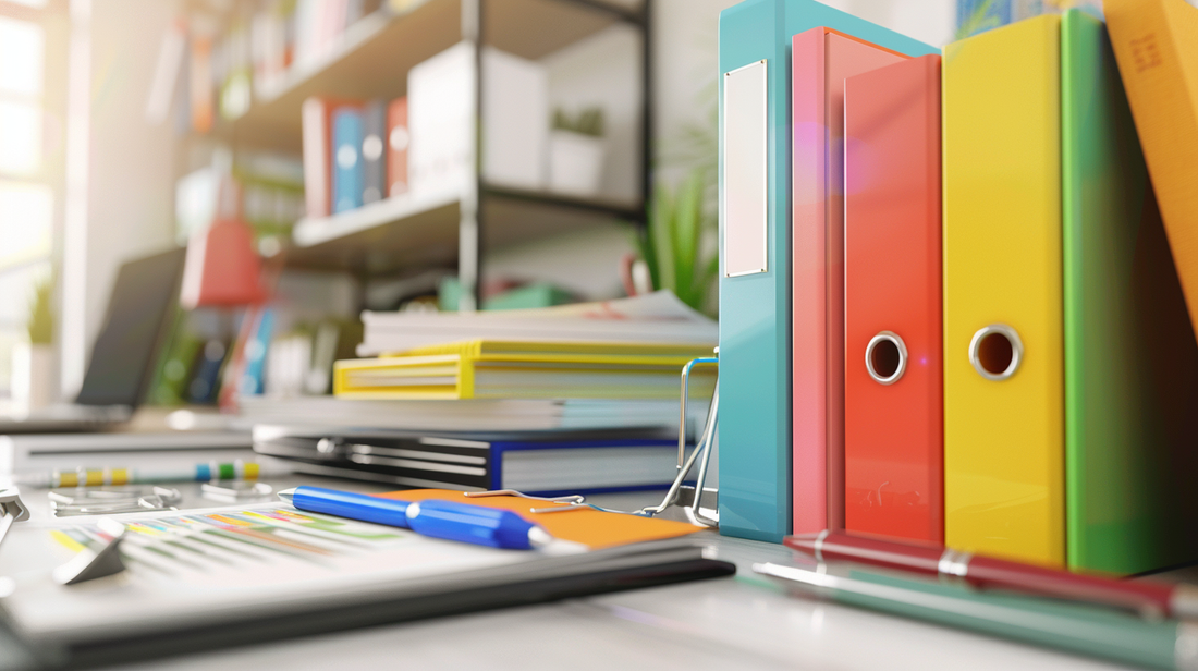 Fall 2025 office desk with colorful binders, pens, calculator, and neatly arranged stationery supplies