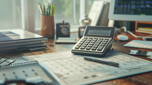 Fall 2025 office desk with a calculator, desk calendar, and pen for financial planning and task organization