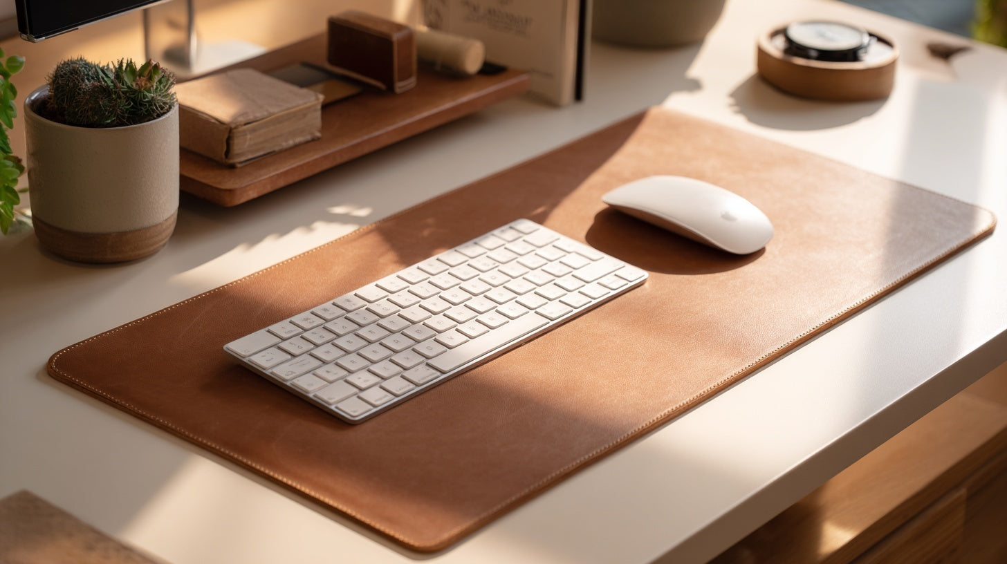 "Minimal desk setup with a brown leather desk mat, wireless keyboard, and mouse arranged in warm natural light for a clean workspace."