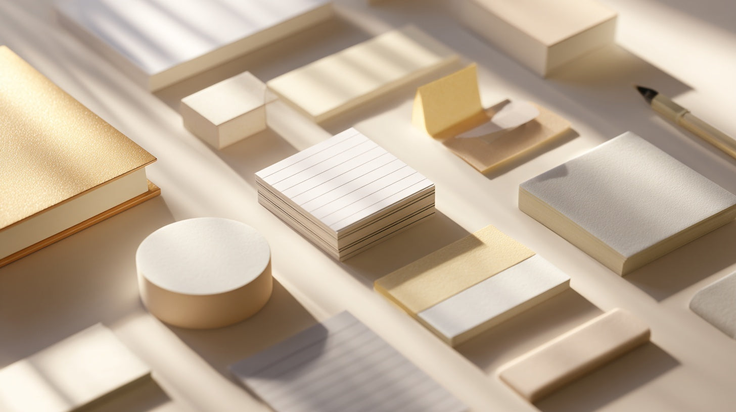 Assorted sticky notes and memo pads in soft neutral tones neatly arranged on a sunlit desk for organized workspace use.