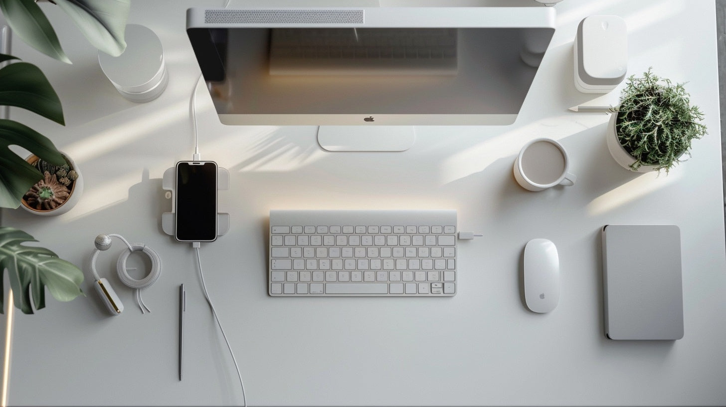 “Minimal white desk setup featuring monitor, keyboard, mouse, phone dock, laptop stand, and workspace accessories styled by Deskbloom.”