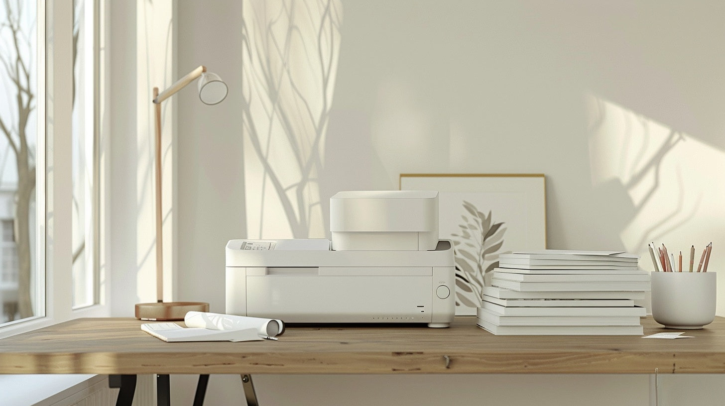 “Minimal home office desk with a modern white printer, stacked copy paper, stationery holder, and soft natural window light for a clean workspace.”