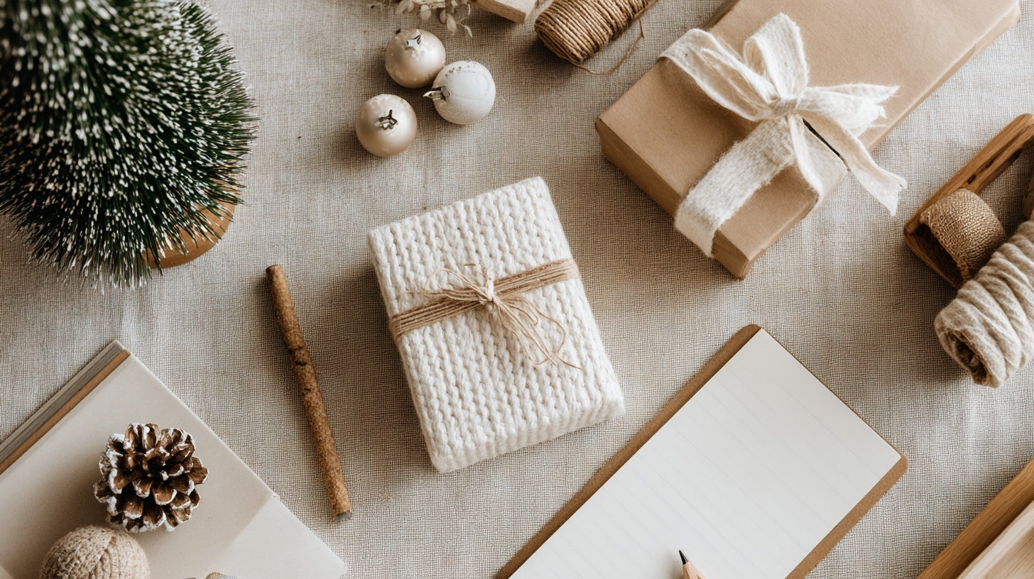 “Cozy desk gift setup with wrapped presents, twine, pine cones, small Christmas decorations, and stationery arranged neatly — seasonal desk decor.”