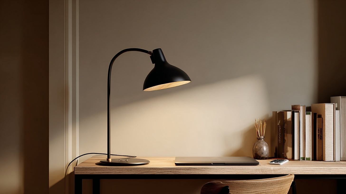 "Modern black desk lamp illuminating a tidy workspace with books and a laptop, creating a focused and warm minimal office setup — Moodmod."