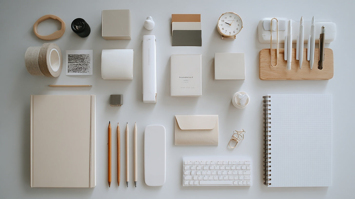 Minimal beige desk essentials arranged neatly on a clean workspace, featuring pencils, pens, notebooks, memo pads, washi tapes, envelopes, keyboard, and small accessories — curated for the Desk Essentials collection at Deskbloom.”