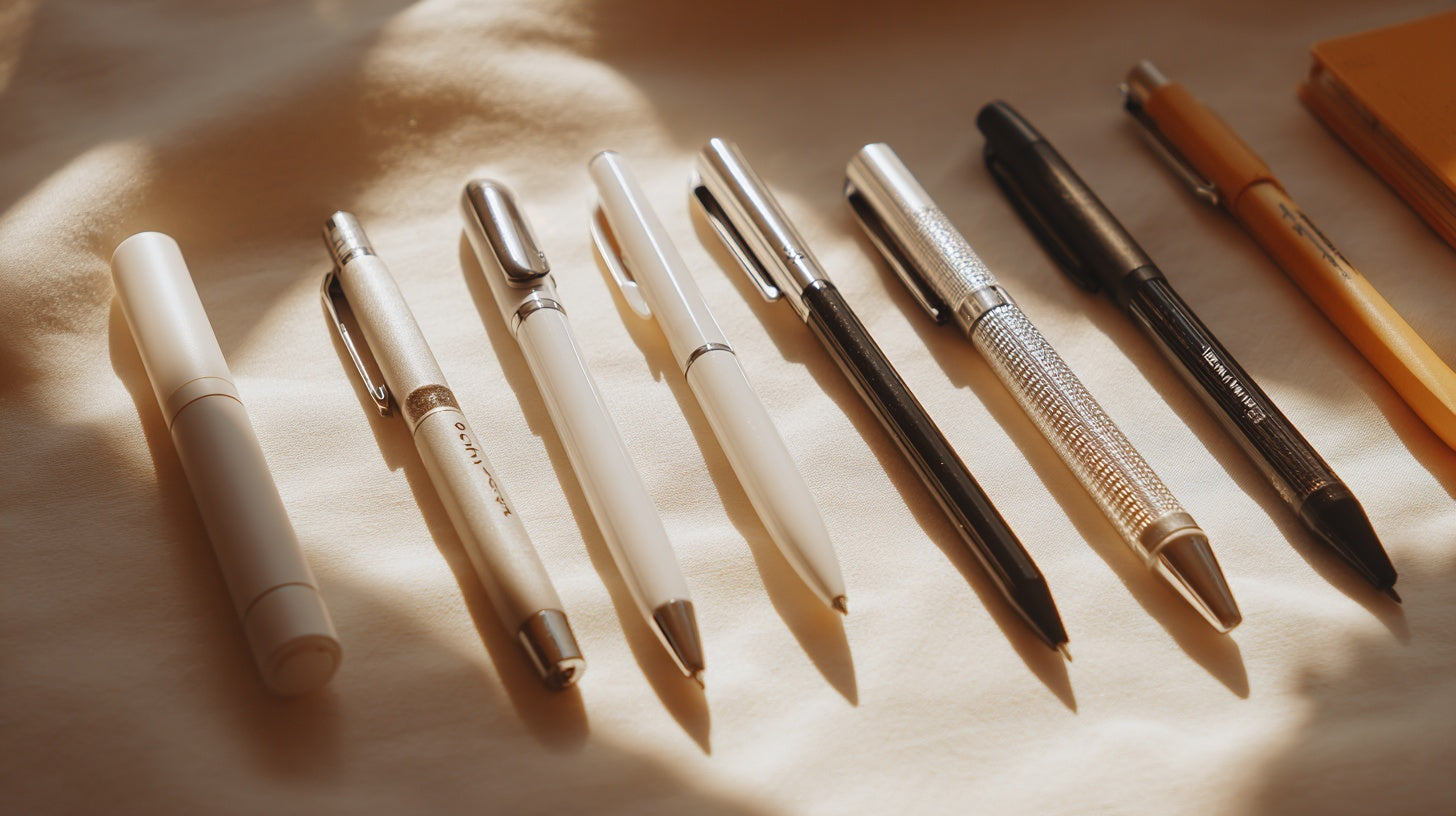 "Minimal-style pens arranged on a desk in warm sunlight, showcasing clean writing tools ideal for modern office and study spaces."
