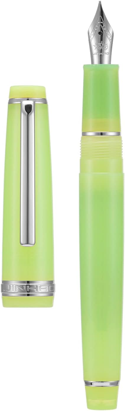 Jinhao 82 Acrylic Fountain Pen, Iridium Bent Nib with Ink Converter, Transparent Green Classic Design Calligraphy Pen (Silver Trim)