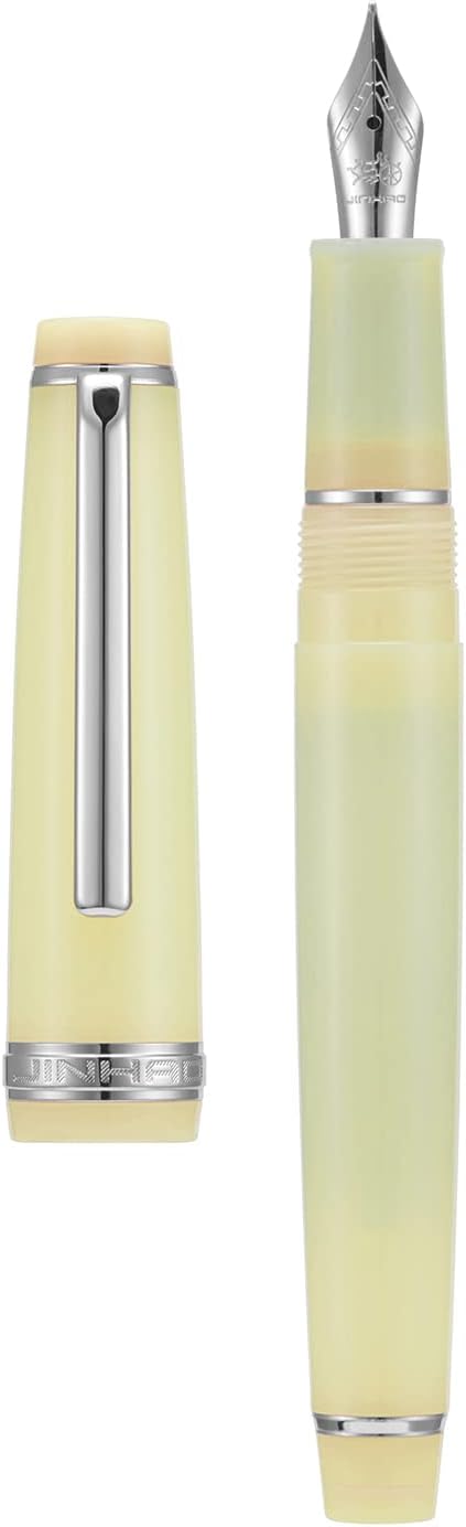 Jinhao 82 Acrylic Fountain Pen, Iridium Bent Nib with Ink Converter, Transparent Yellow Classic Design Calligraphy Pen (Silver Trim)
