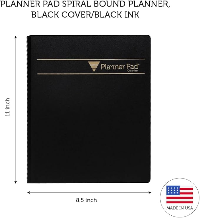 Planner Pad Spiral Bound July 2024 – June 2025 / Academic Year, 8 1/2" x 11" Large, 3-Tier Funnel Down 12 Month Organizer, Black Cover/Black Ink