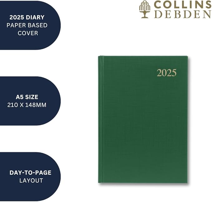 Collins Essential 2025 Business Diary - A5 Day to a Page with Appointments Planner with Leathergrain Hardback Cover - Green - ESSA51.52-25