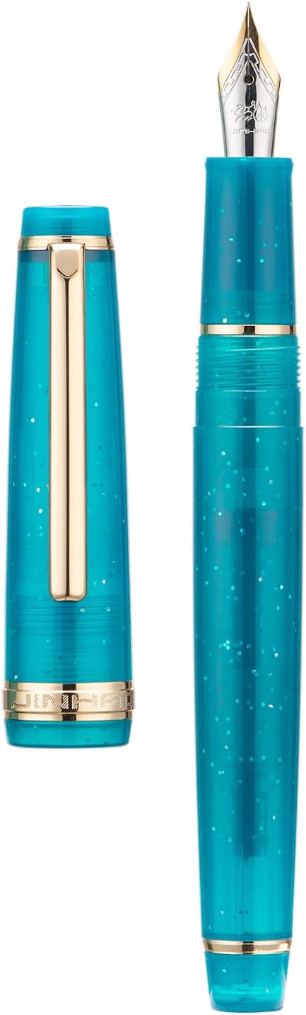 Jinhao 82 Acrylic Fountain Pen, Iridium Bent Nib with Ink Converter, Transparent Peacock Blue Fluorescent Classic Design Calligraphy Pen (Gold Trim)