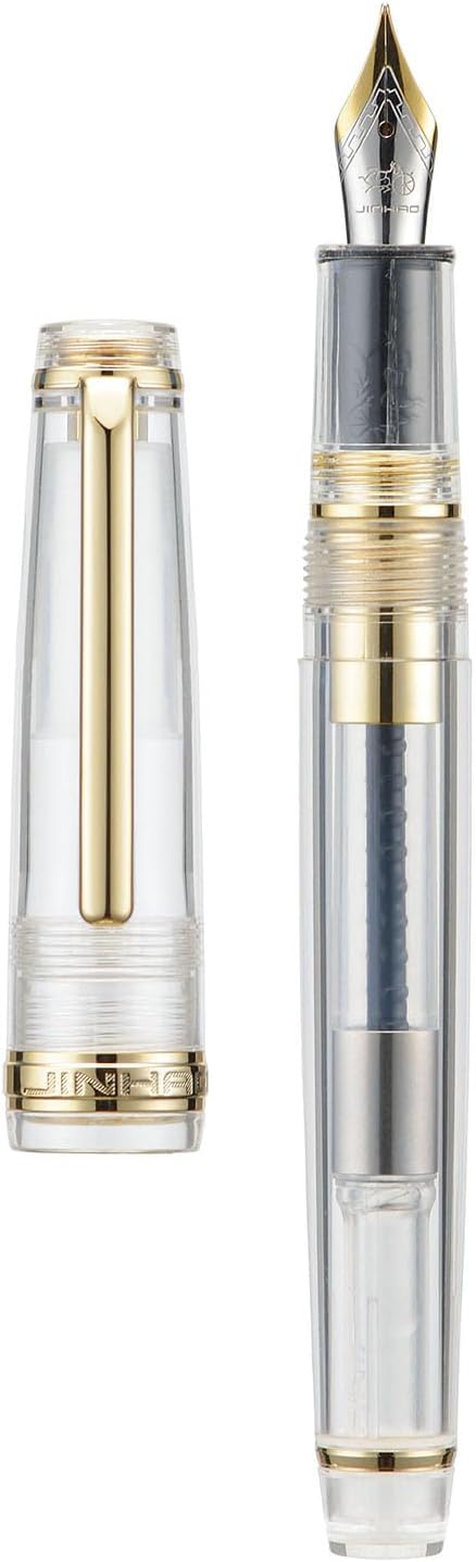 Jinhao 82 Acrylic Fountain Pen, Iridium Bent Nib with Ink Converter, Transparent Unique Design Calligraphy Pen (Gold Trim)