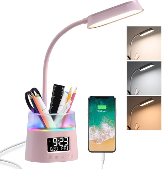 WILIT LED Desk Lamp for College Dorm Room Essentials, Students Study Lamp with Charging Station, Pen Holder, Clock & RGB Night Light, Office Desk Accessories, Table Lamp for Bedroom - Pink