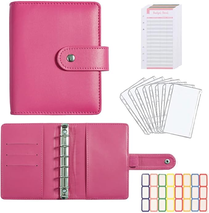 A7 Budget Binder Set - Mini Money Organizer for Cash Saving, Cash Stuffing Envelope System, Planner Binders with Pockets, Sheets and Stickers, Rose Red